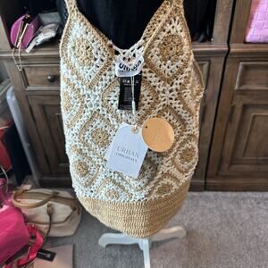 URBAN ORIGINALS Large Sunflower crochet handmade women's tote bag -SAND $88 NWT